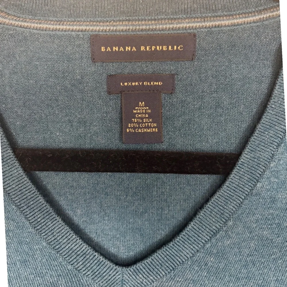 Banana Republic Mens Luxury Blend Silk Cashmere V-Neck Sweater Teal Blue M Soft